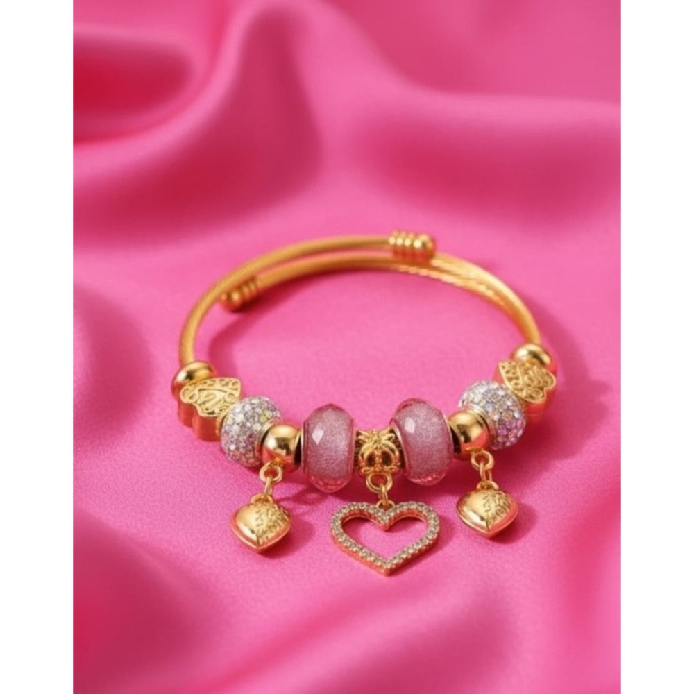 14K Gold Plated Stainless Steel Heart Charm Resizable Open Cuff Bracelet Pink